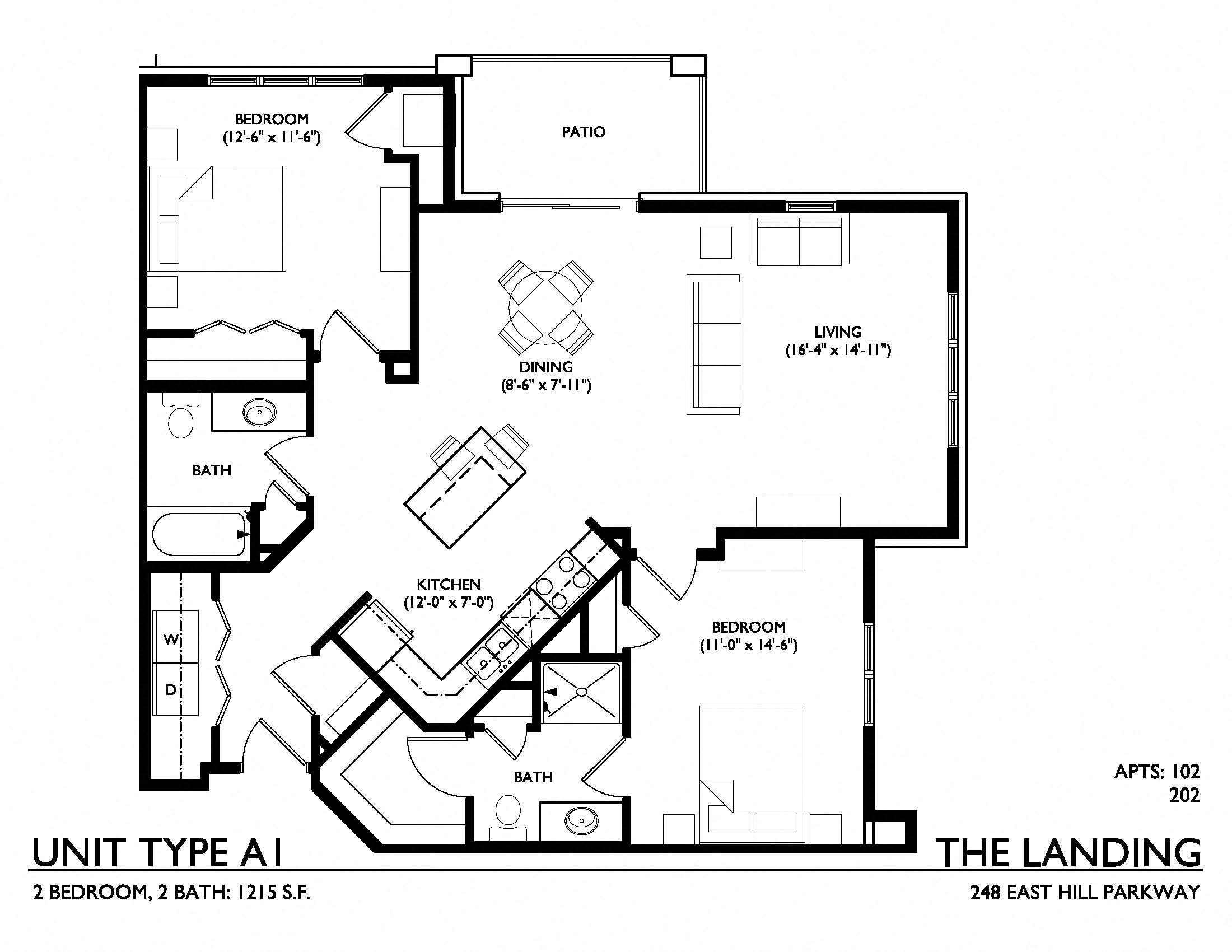 Floor plan for 2 beds, 2 baths, 1215 sqft